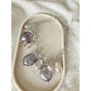 Chunky Collar Necklace Smoky Gray Bead Dangle Statement Leaf Charm Silver Tone